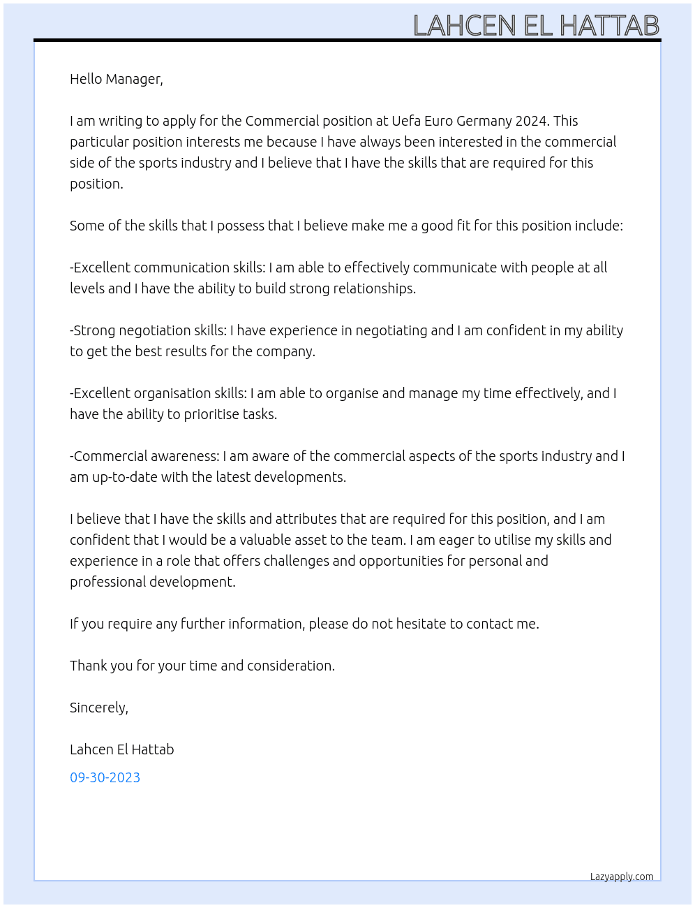 Commercial  At Uefa euro germany 2024   Cover Letter