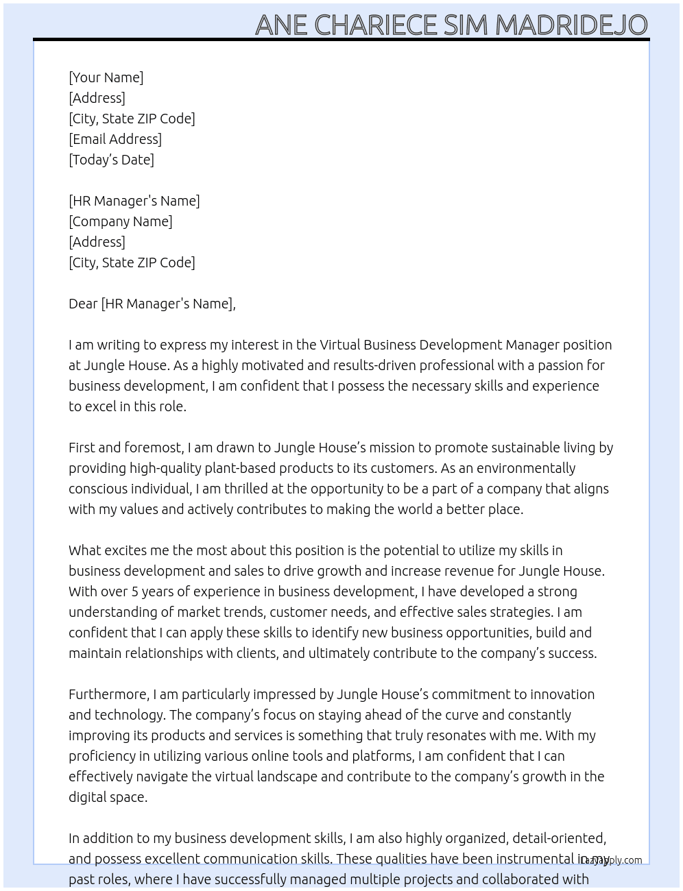Virtual Business Development Manager At Jungle House Cover Letter