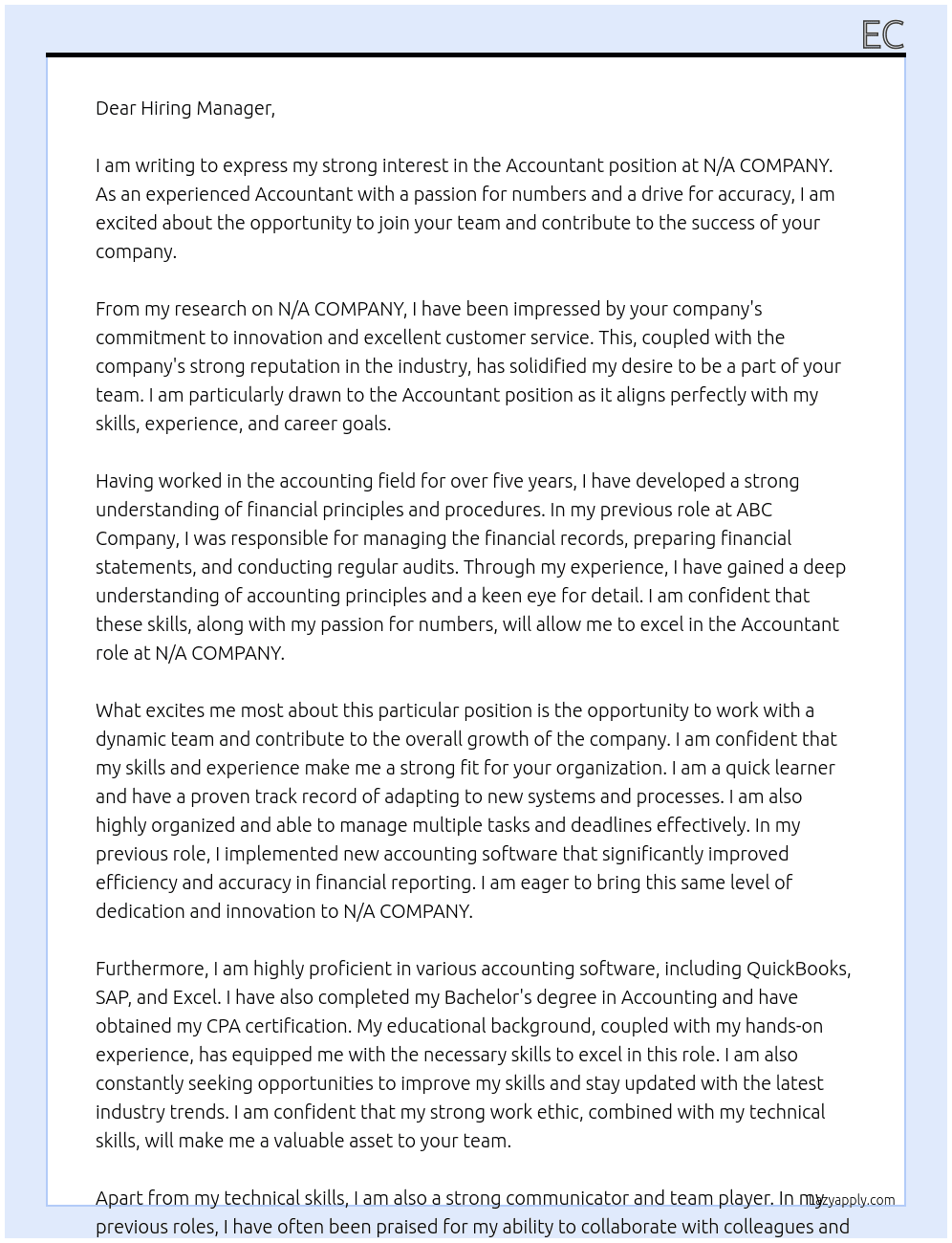 Accountant At N/A COMPANY  Cover Letter