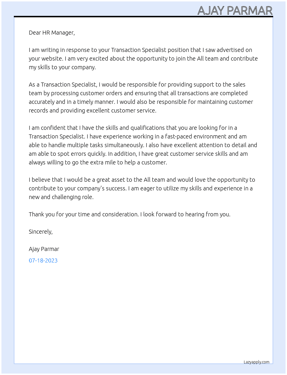 Transaction Specialist At All Cover Letter
