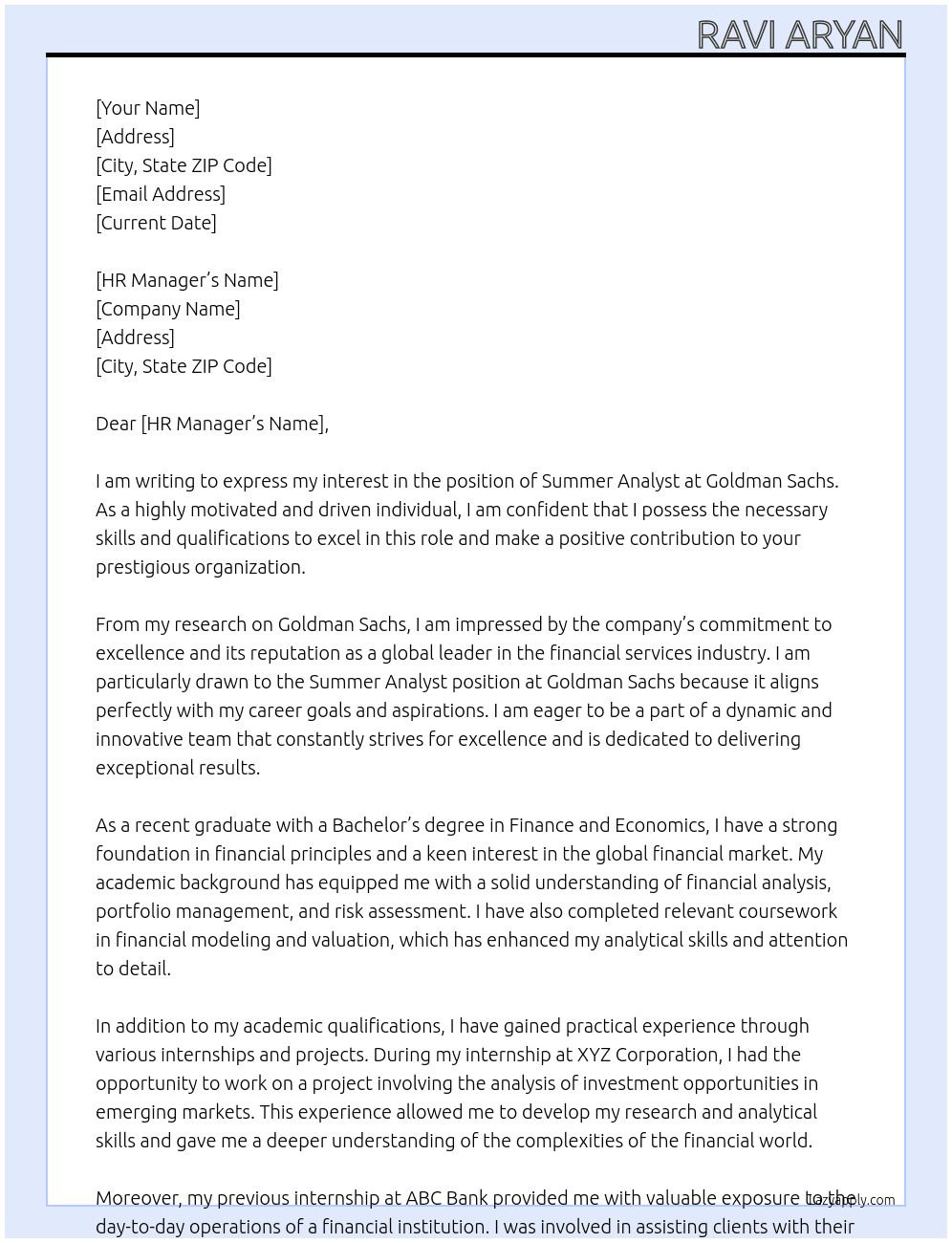 summer analyst  At Goldman Sach Cover Letter
