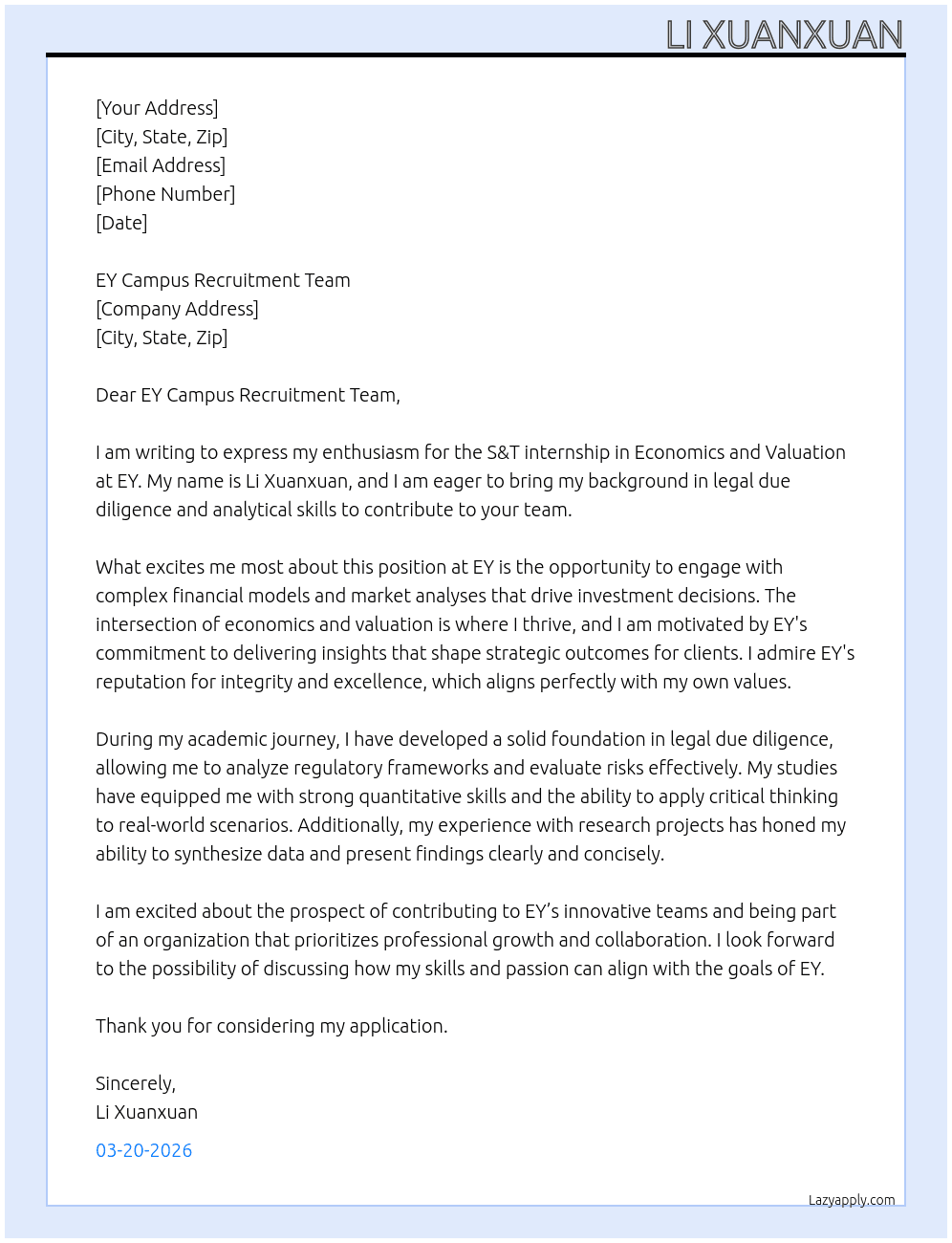 S&T internship (Economics and Valuation) At EY Cover Letter