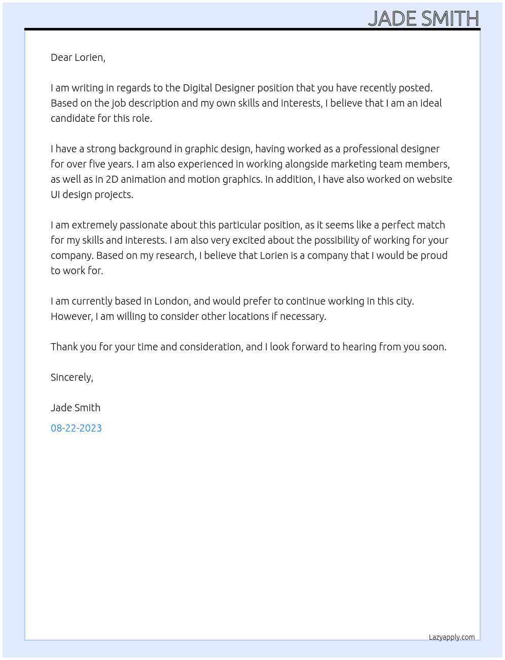 Digital Designer At Lorien Cover Letter