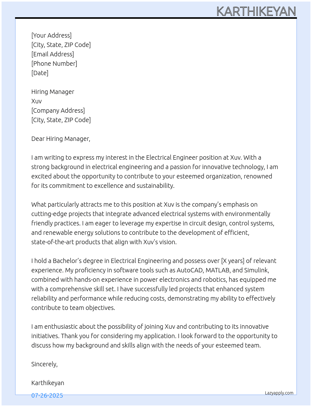 Electrical Engineer At Xuv Cover Letter