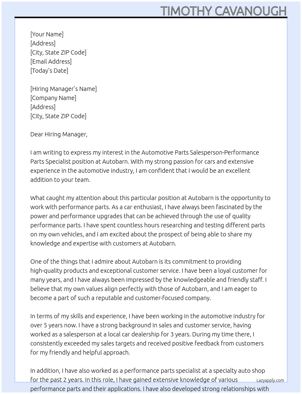 Automotive Parts Salesperson - Performance Parts Specialist At Autobarn Cover Letter