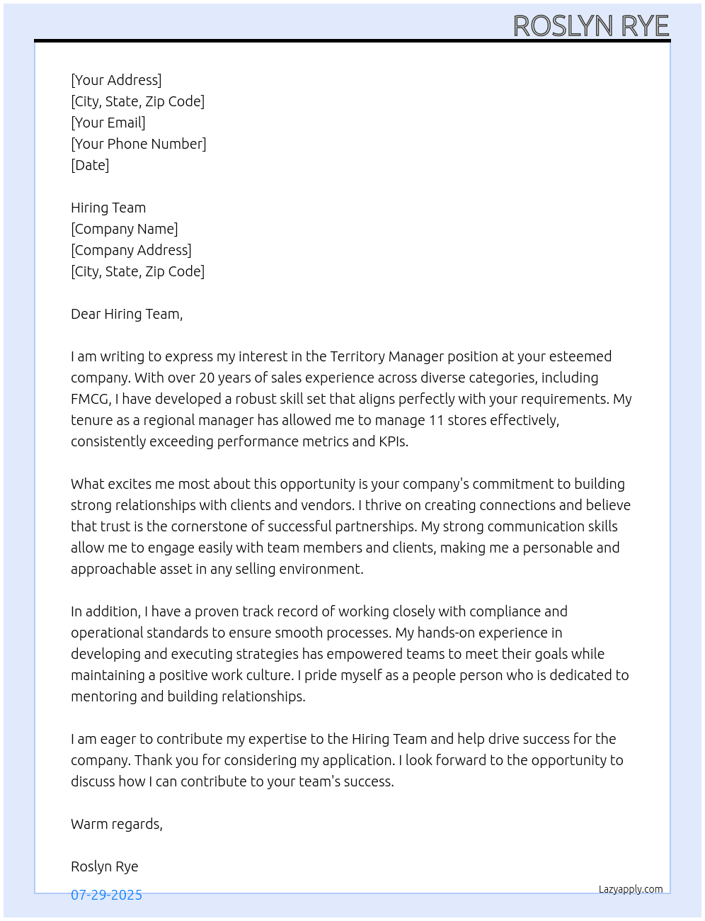 Territory manager  At Hiring team  Cover Letter