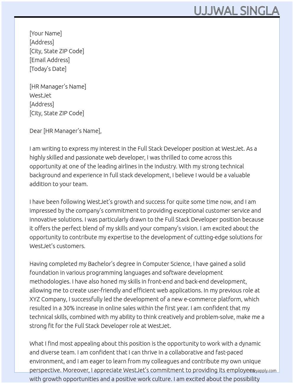 Full Stack Developer At WestJet Cover Letter