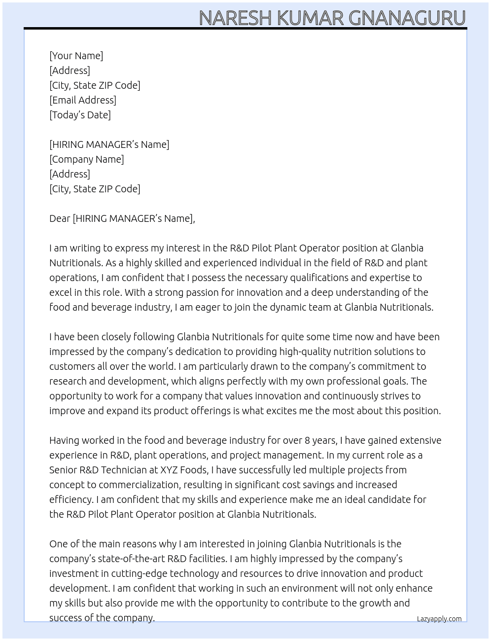 R&D Pilot plant operator At GLANBIA NUTRITIONALS Cover Letter