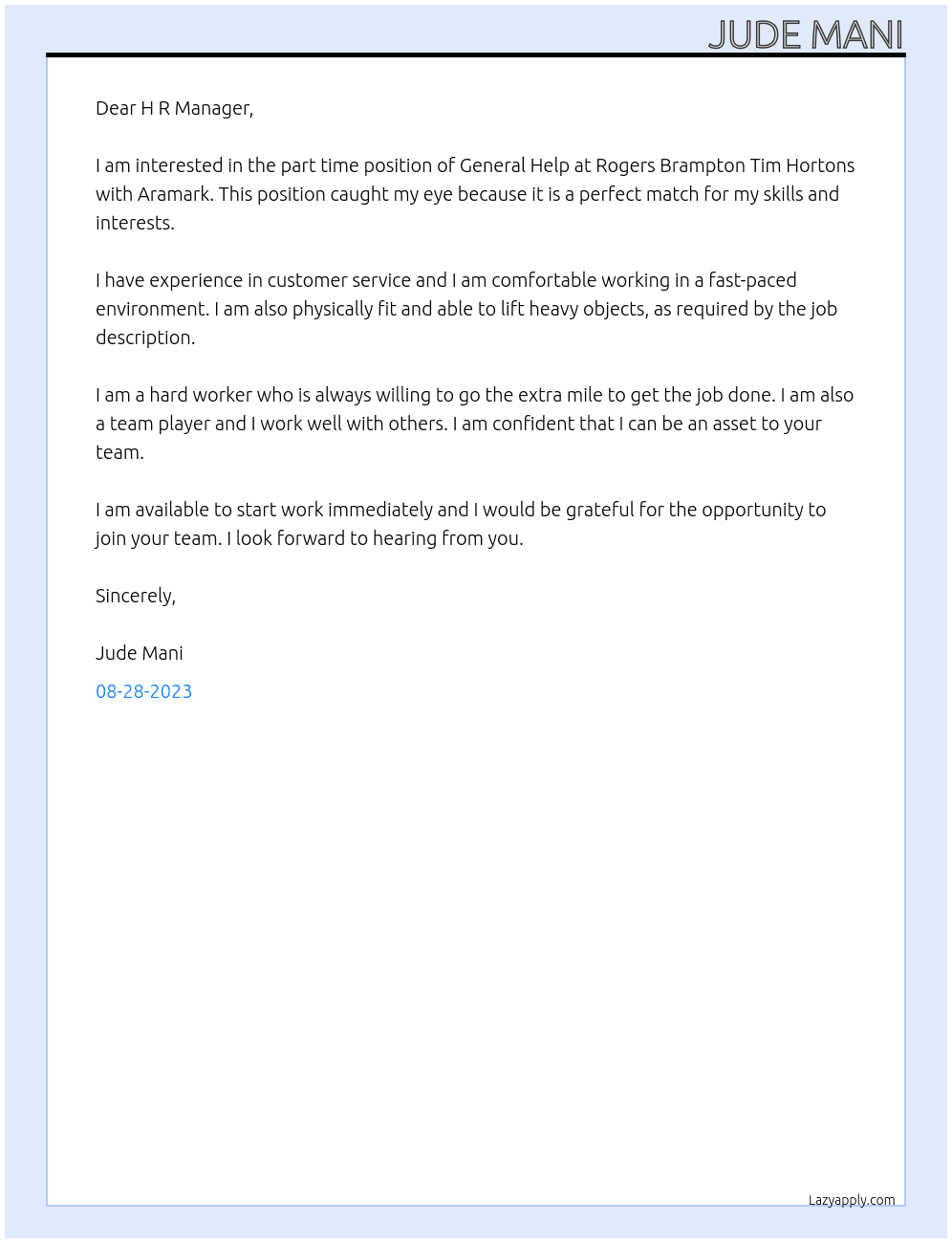 General Help - Rogers Brampton Tim Hortons At Aramark Cover Letter