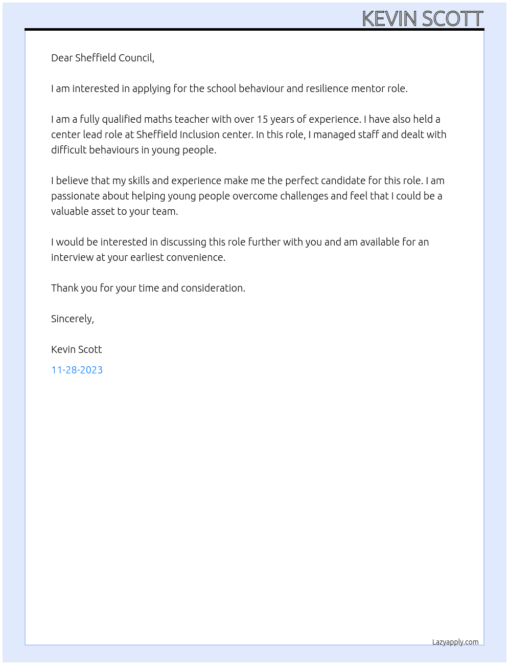 school behaviour and resilience mentor  At Sheffield Council Cover Letter