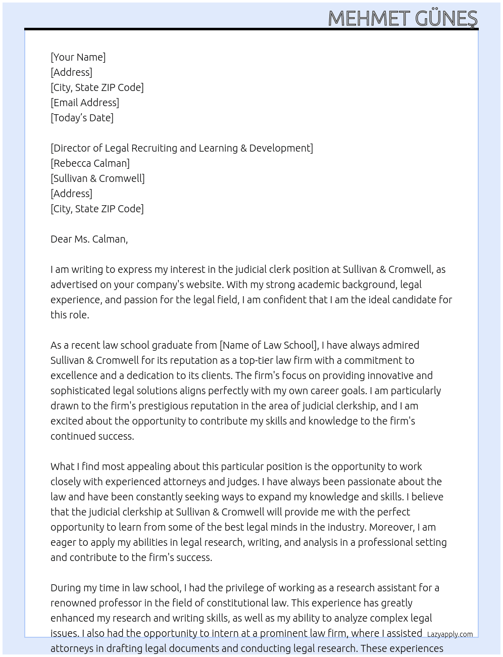 judicial clerk At Sullivan & Cromwell Cover Letter