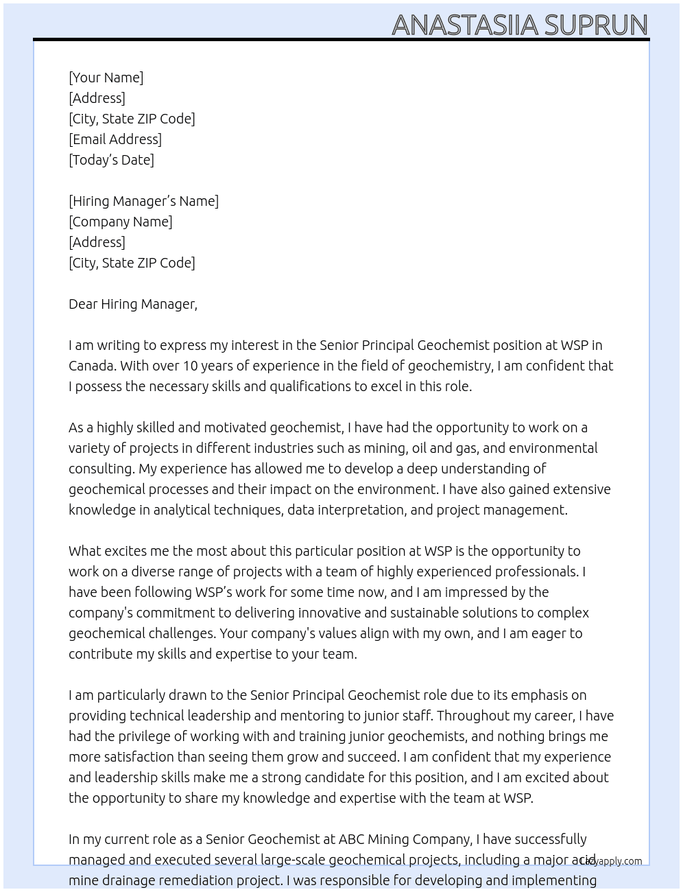 Senior Principal Geochemist At WSP in Canada Cover Letter