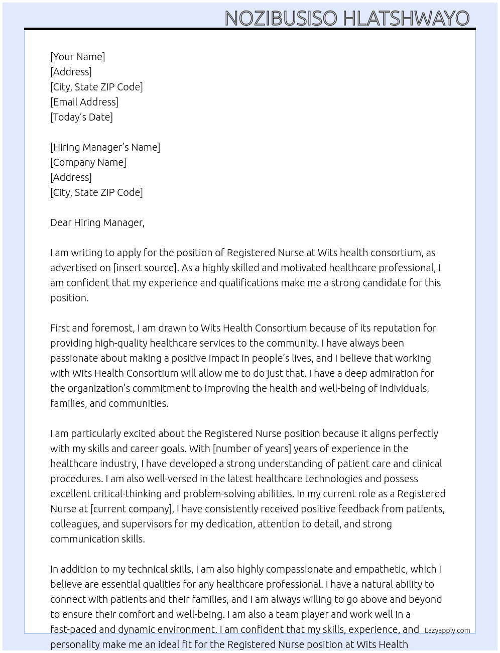 Registered Nurse  At Wits health consortium  Cover Letter