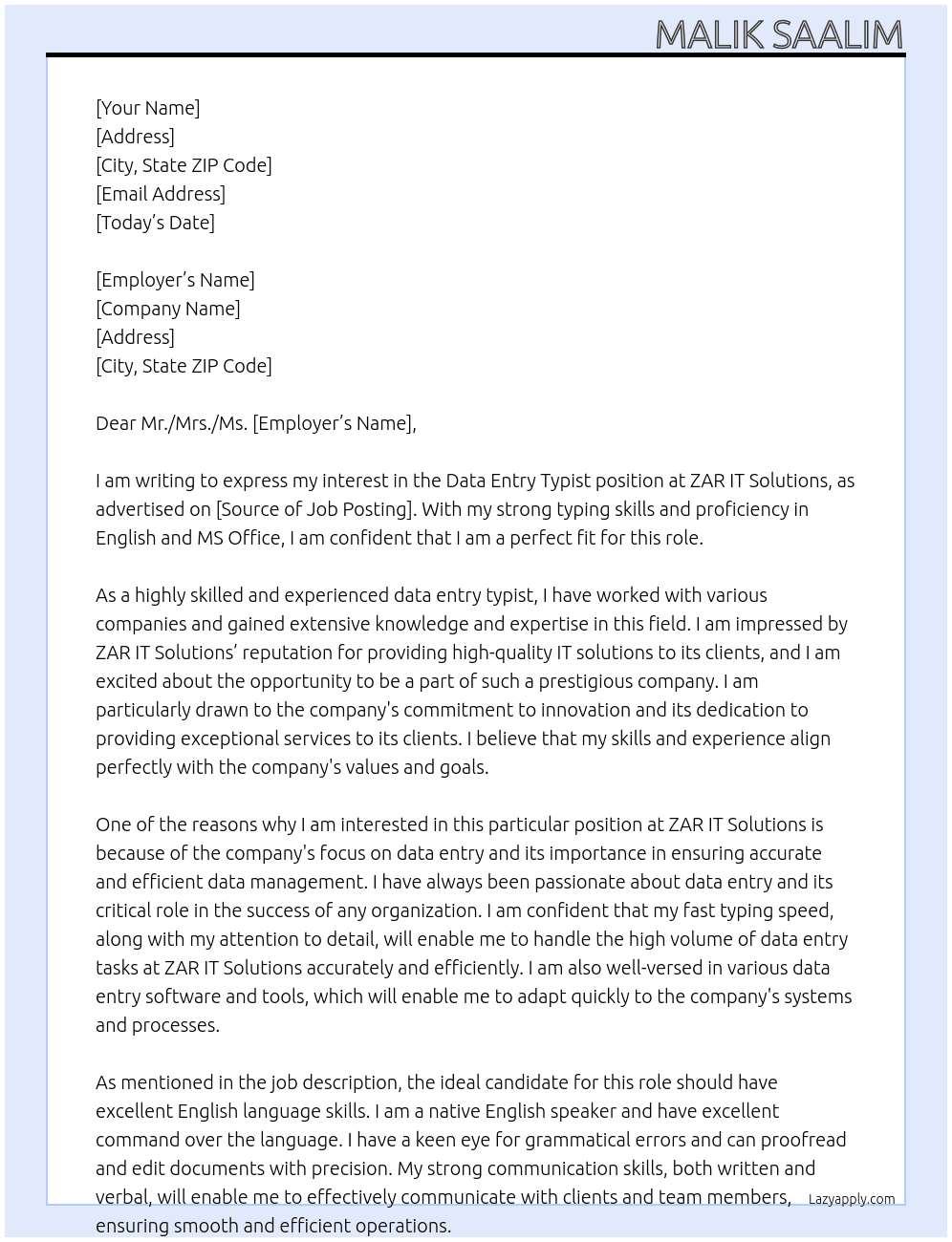 Data entry typist At ZAR IT Solutions Cover Letter