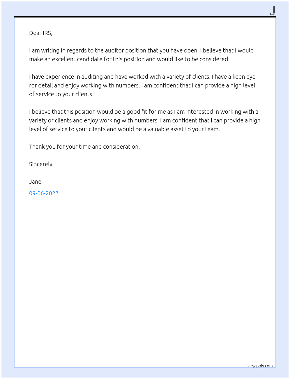 auditor At irs Cover Letter