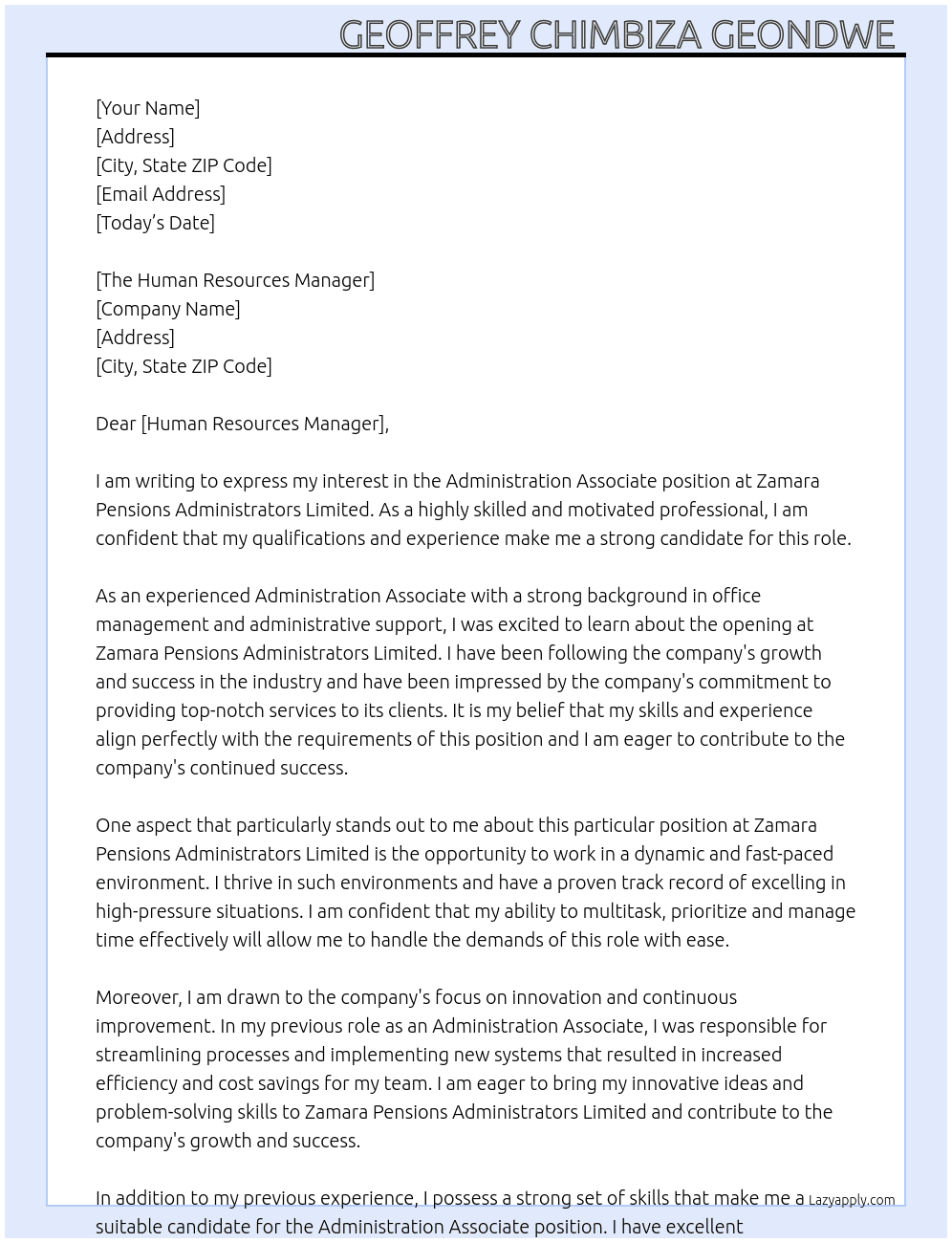 Administration Associate At Zamara Pensions Administrators Limited Cover Letter