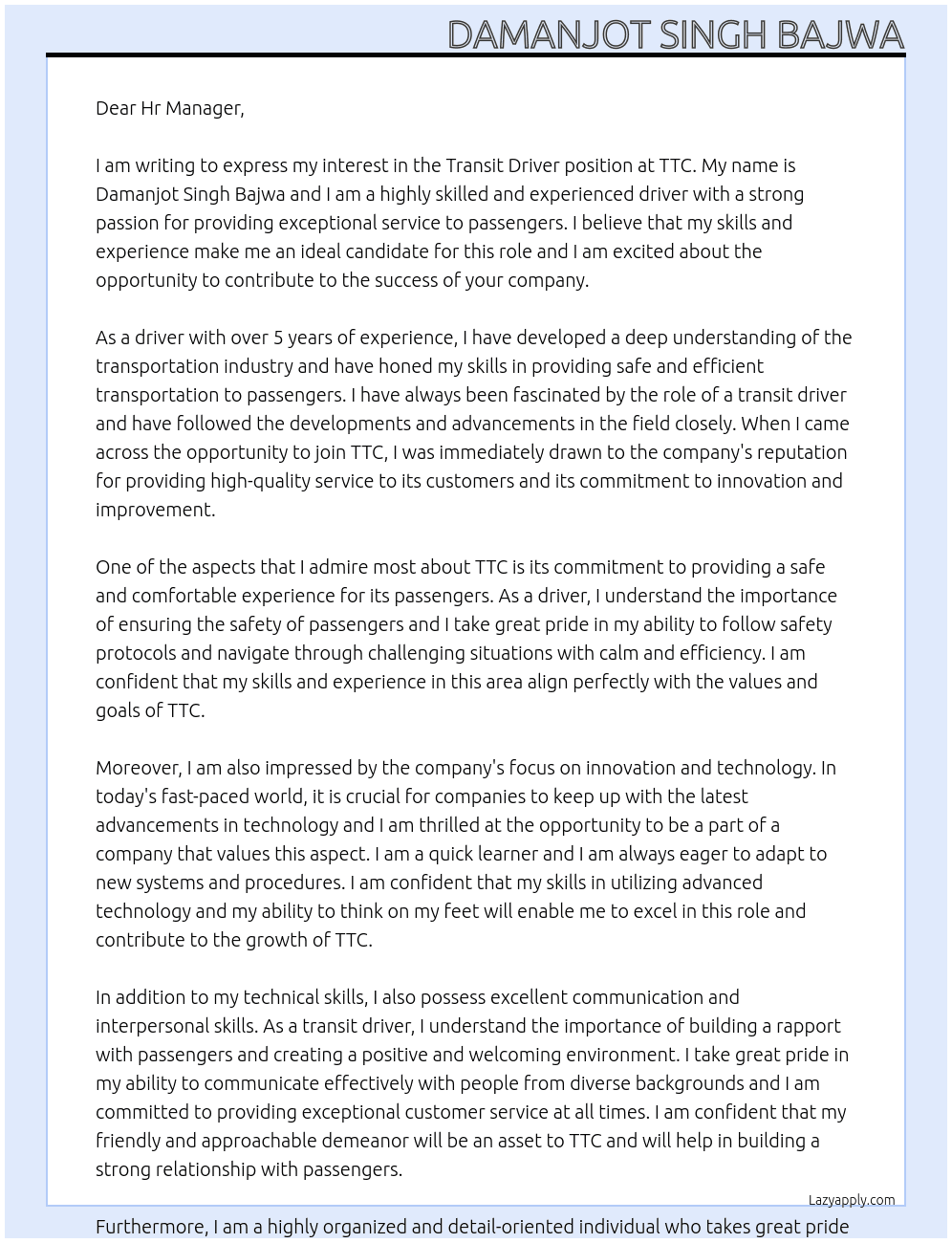Transit driver At TTC Cover Letter