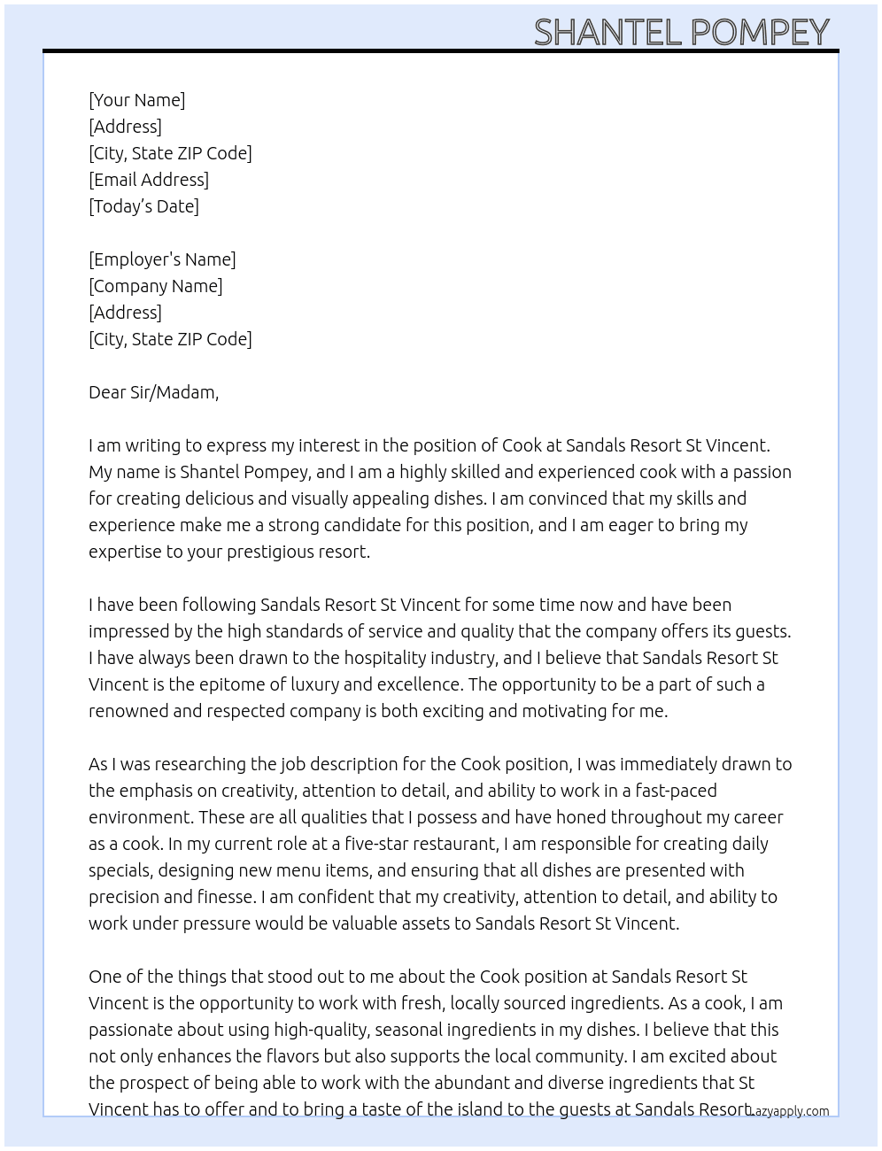 Cook At Sandals Resort St Vincent  Cover Letter