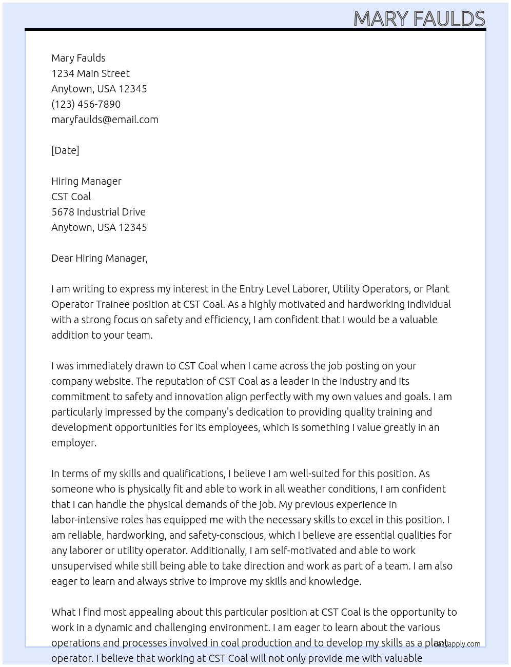 Entry Level Laborer or Utility operators or plant operator trainee At CST Coal Cover Letter