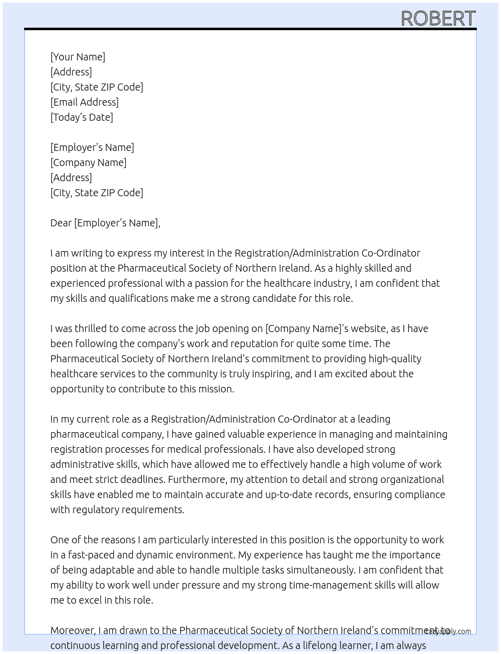 Registration/Administration Co-Ordinator At Pharmaceutical Society Of Northern Ireland Cover Letter