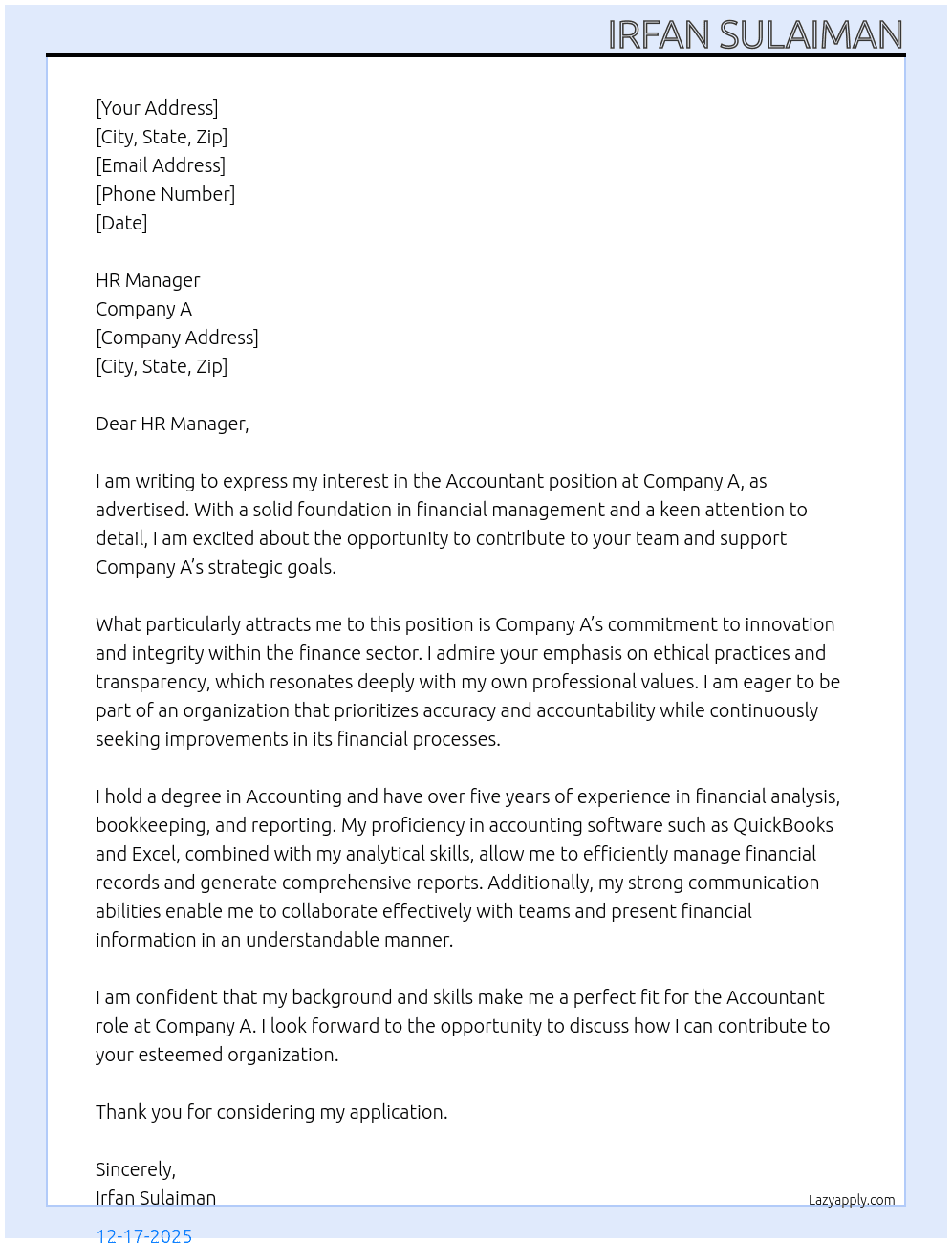 Accountant  At A Cover Letter