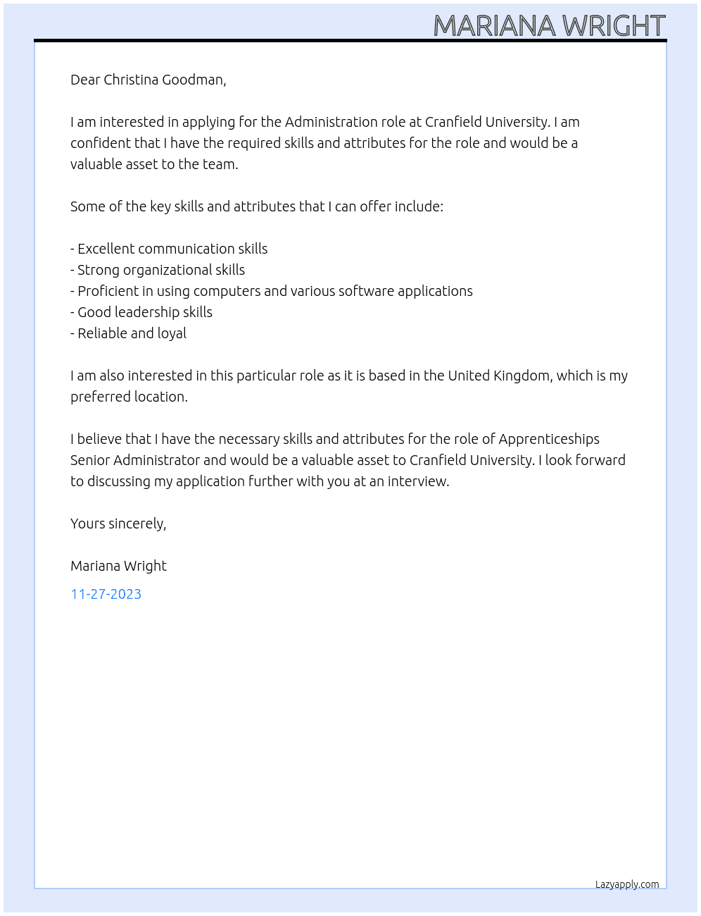 Administration At Cranfield University Cover Letter