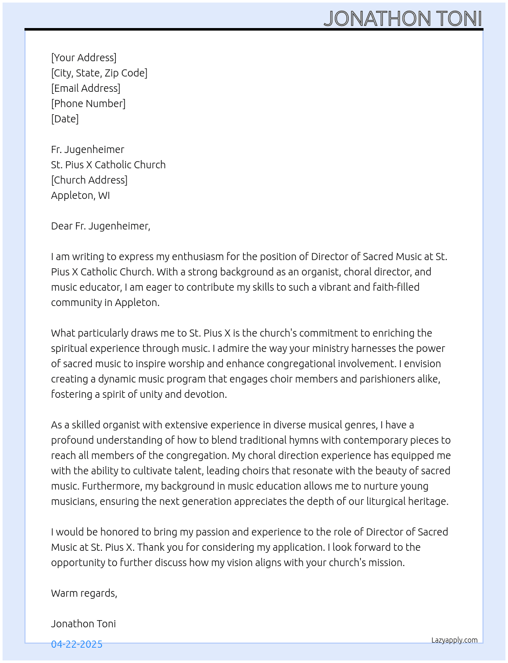 Director of Sacred Music At St. Pius X Catholic Church Cover Letter