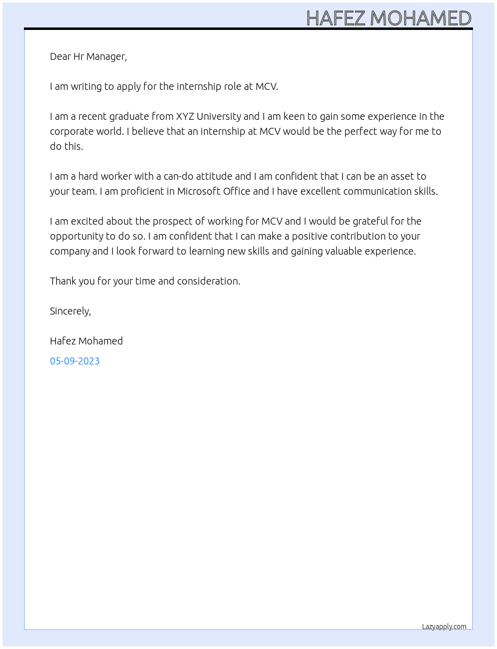 Internship At MCV Cover Letter