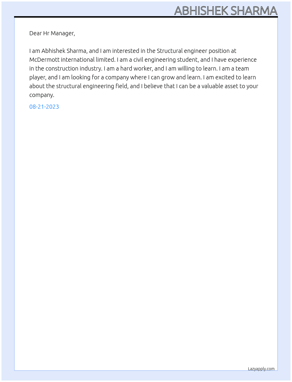 Structural engineer At McDermott international limited Cover Letter