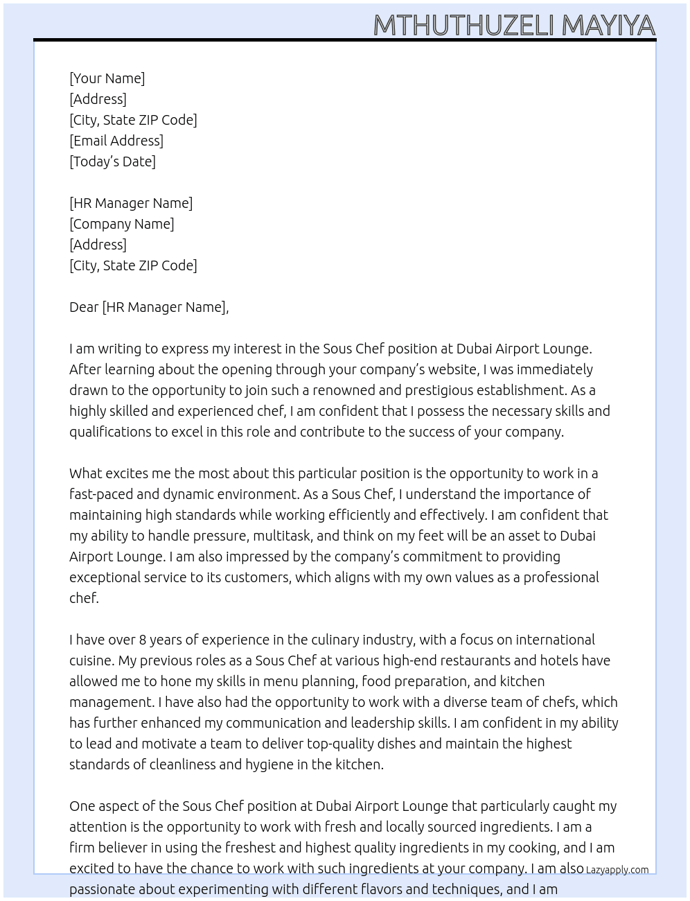 Sous Chef At Dubai Airport lounge Cover Letter