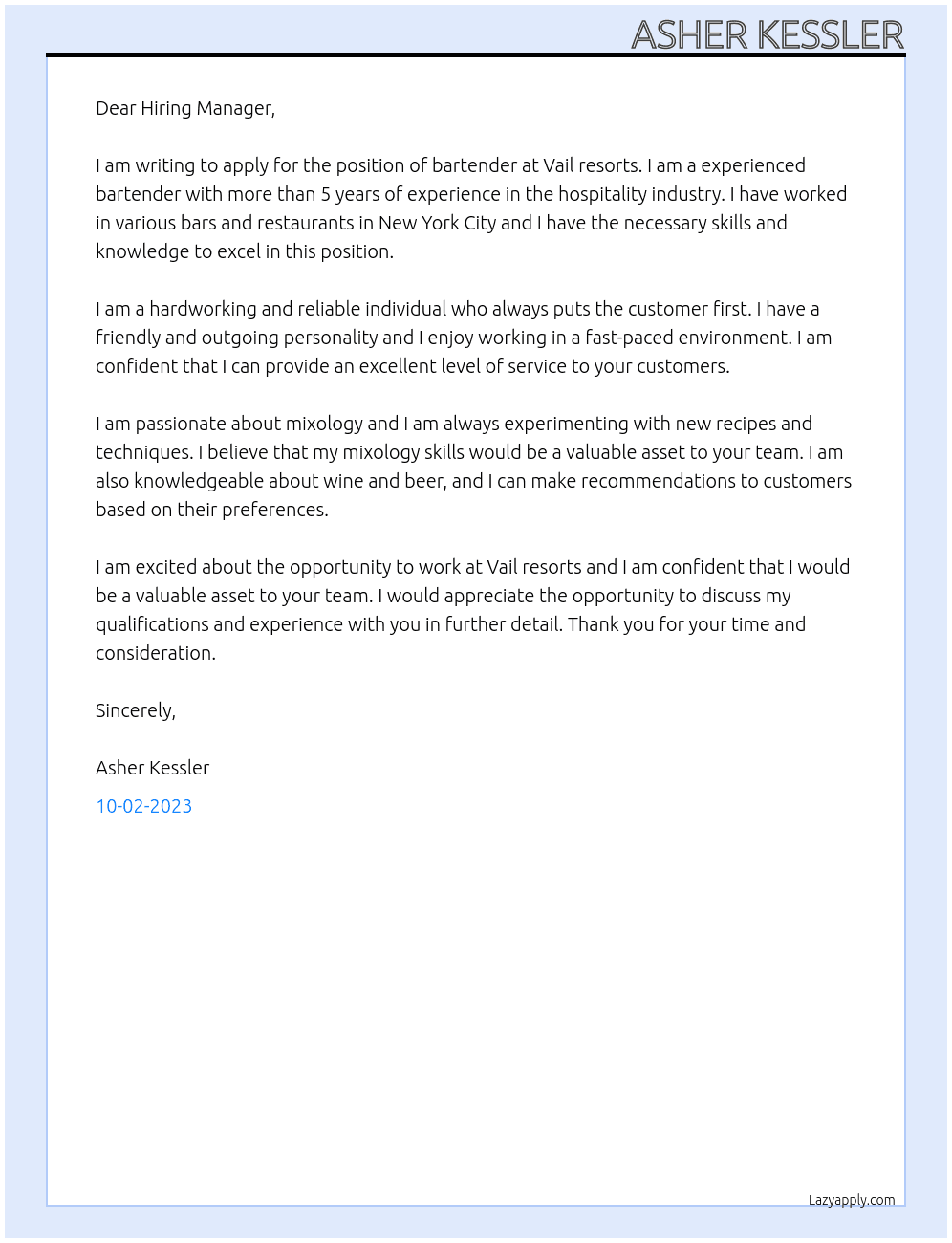 Bartender At Vail resorts Cover Letter