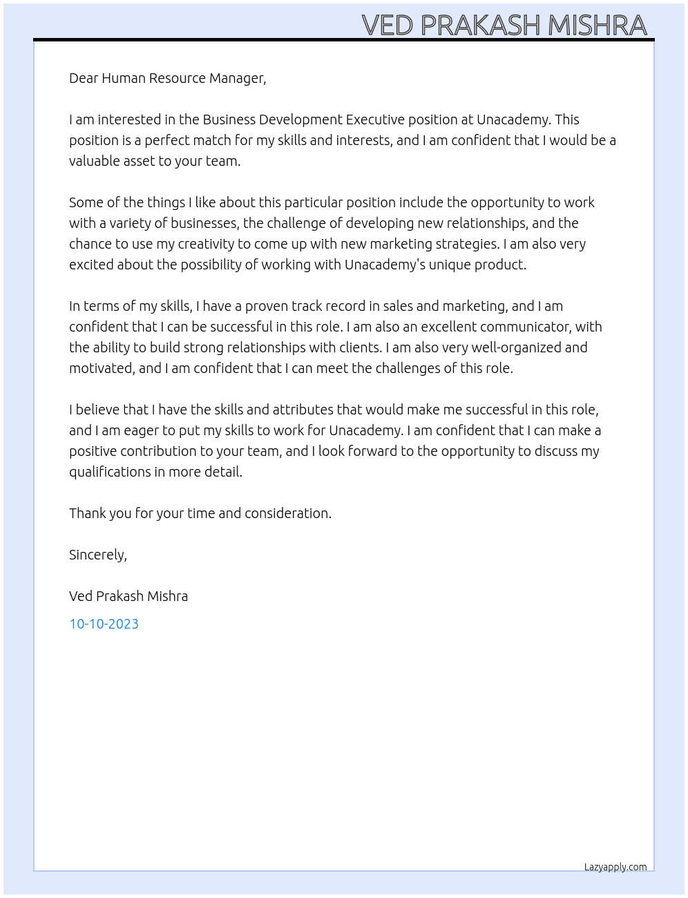 Business Development Executive  At Unacademy Cover Letter