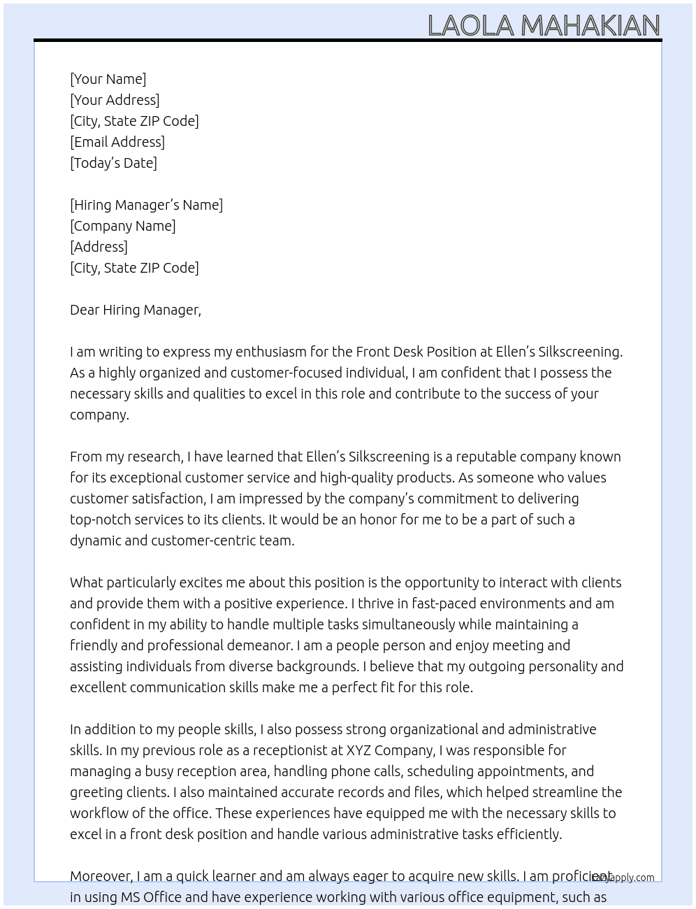 Front Desk Position At Ellen's Silkscreening Cover Letter