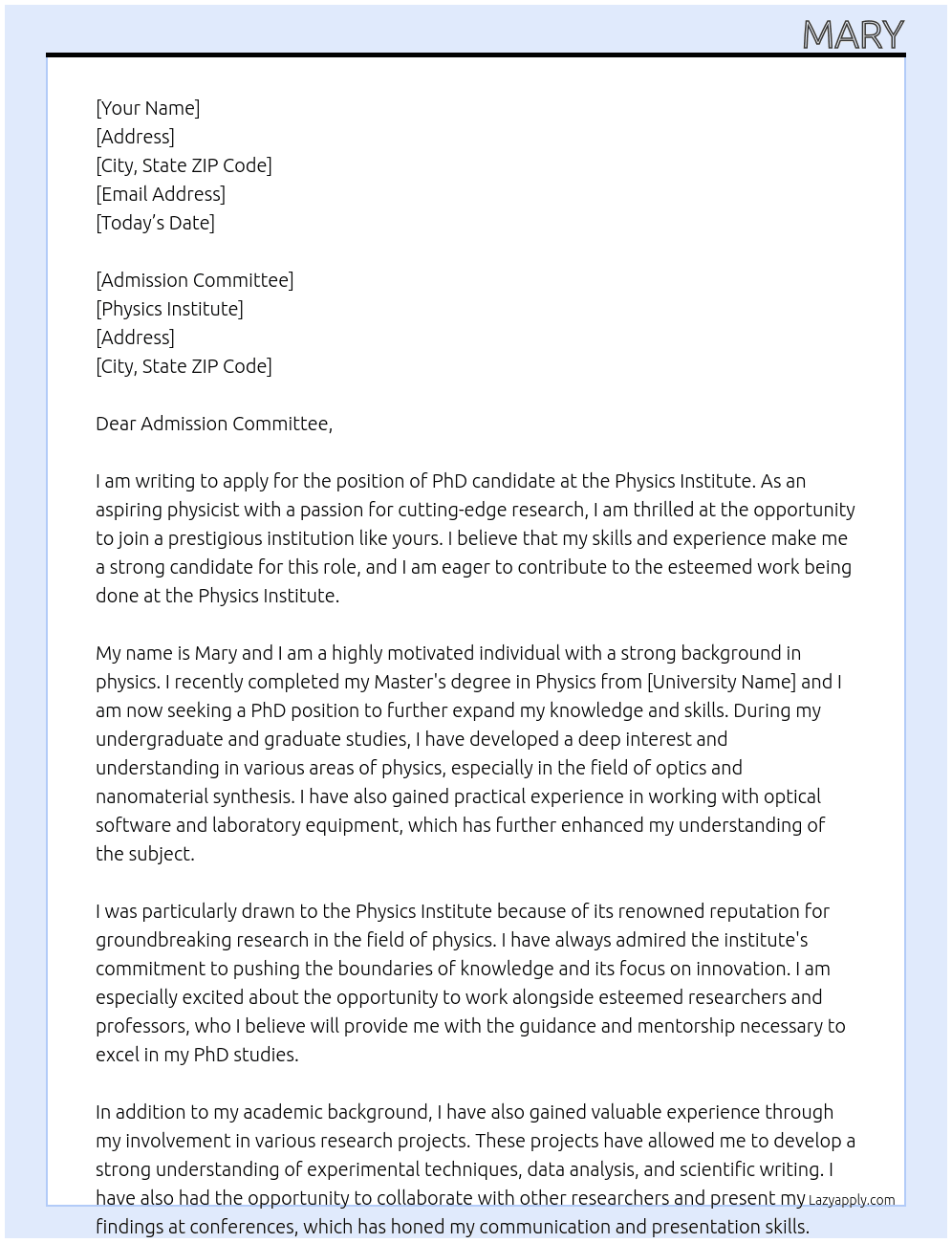 phd candidate At physics institute Cover Letter