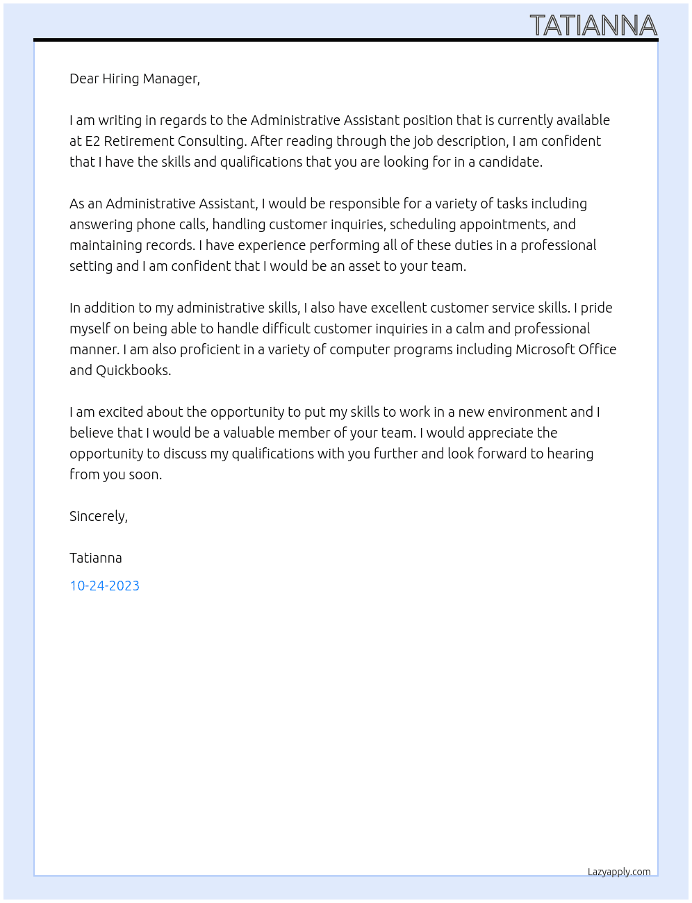 Administrative Assistant  At E2 Retirement Consulting Cover Letter