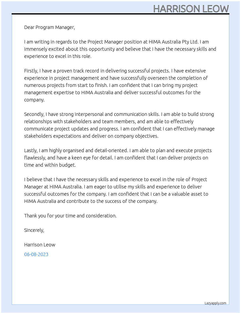 Project Manager At HIMA Australia Pty Ltd Cover Letter