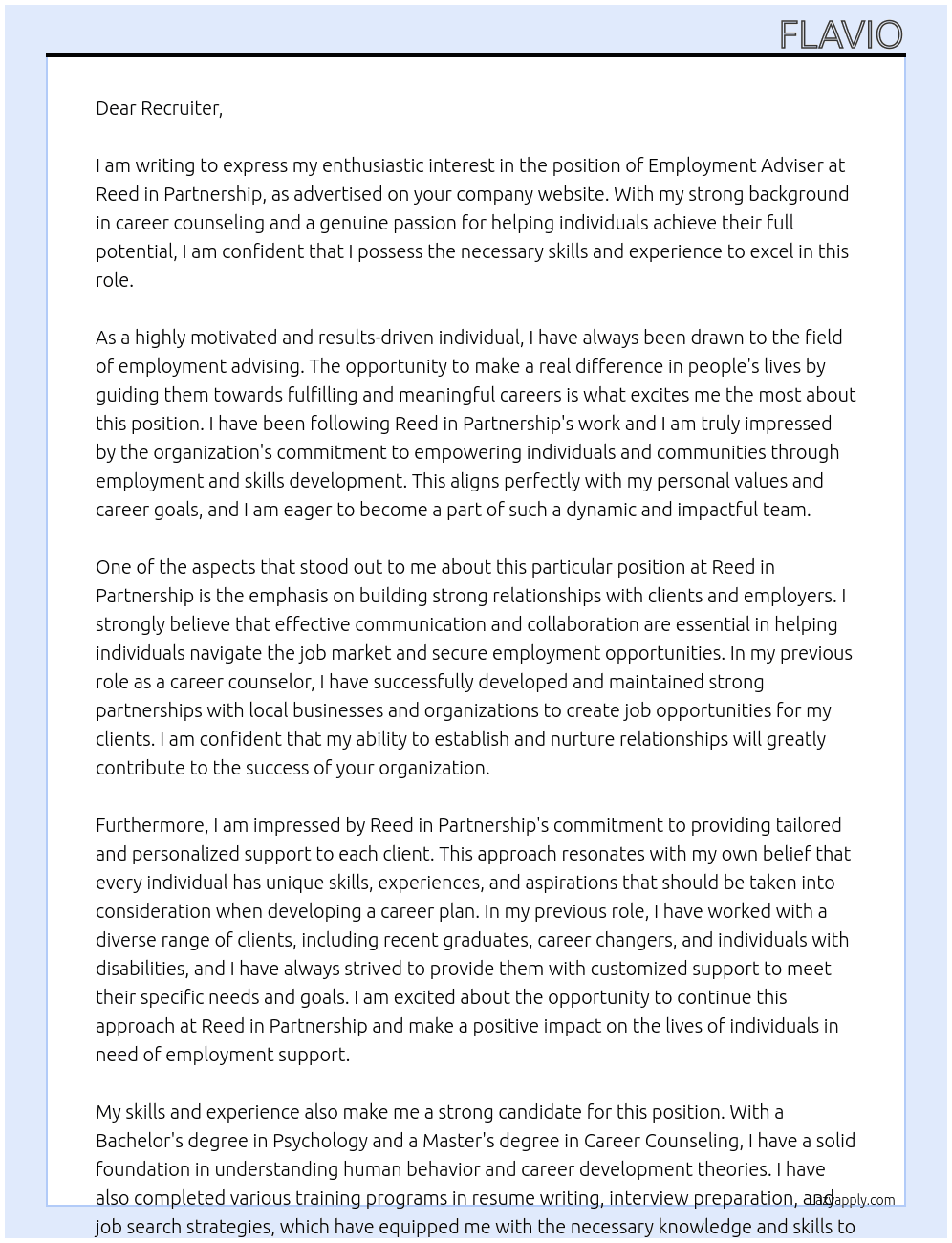 Employment Adviser At Reed in Partnership Cover Letter
