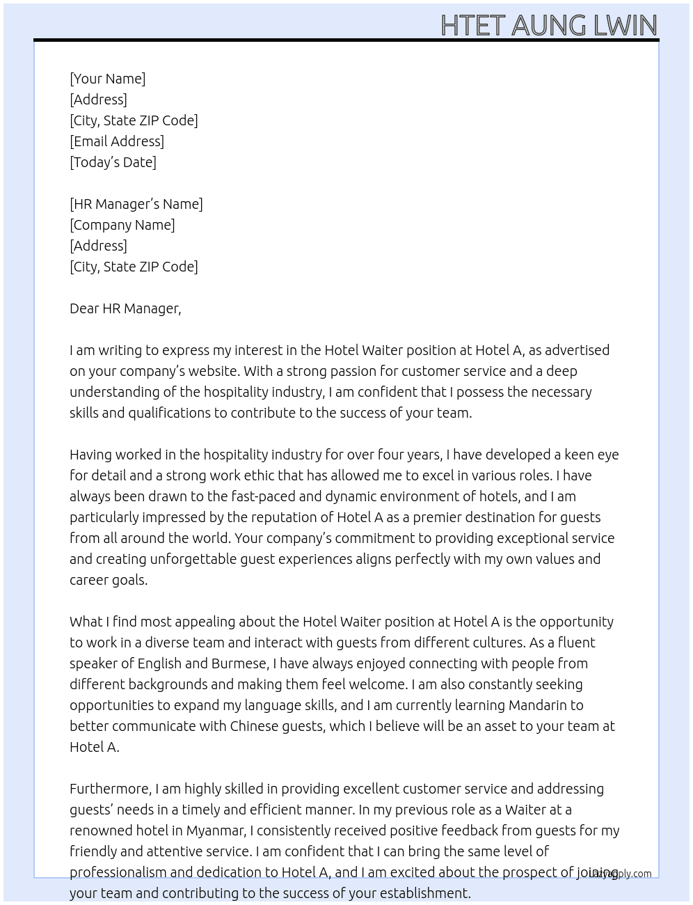 Hotel Waiter At Hotel A Cover Letter
