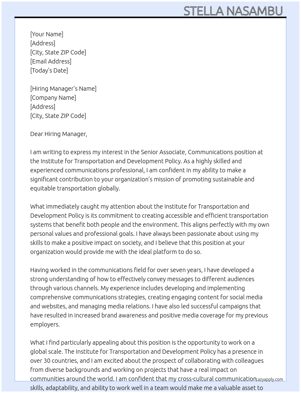 Senior Associate, Communications  At Institute for Transportation and Development Policy ( Cover Letter