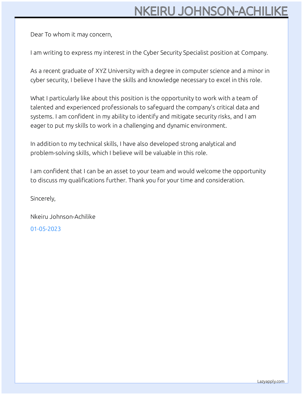 Cover letter for cyber security specialist - LazyApply