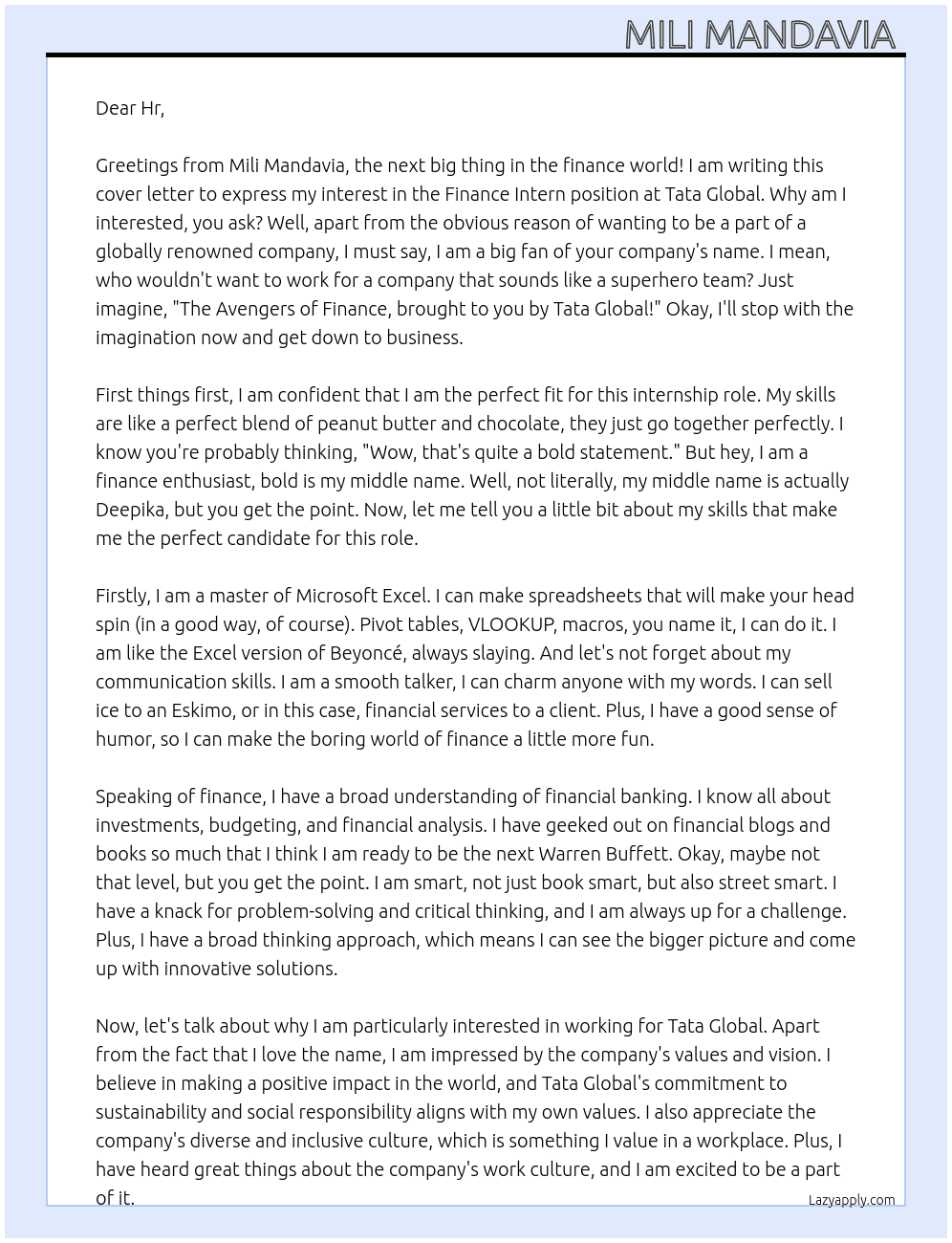 Finance intern  At Tata gobal Cover Letter