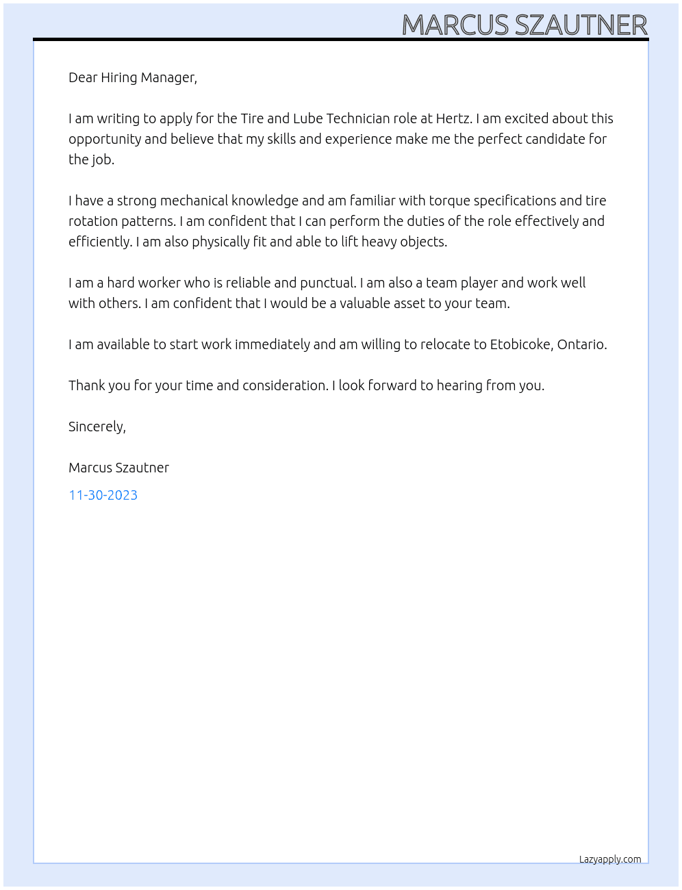 Cover letter for tire and lube technician - LazyApply
