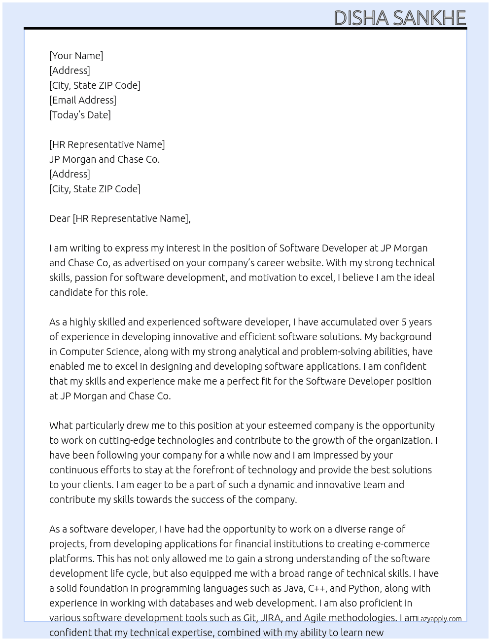 Software developer  At JP Morgan and chase co Cover Letter