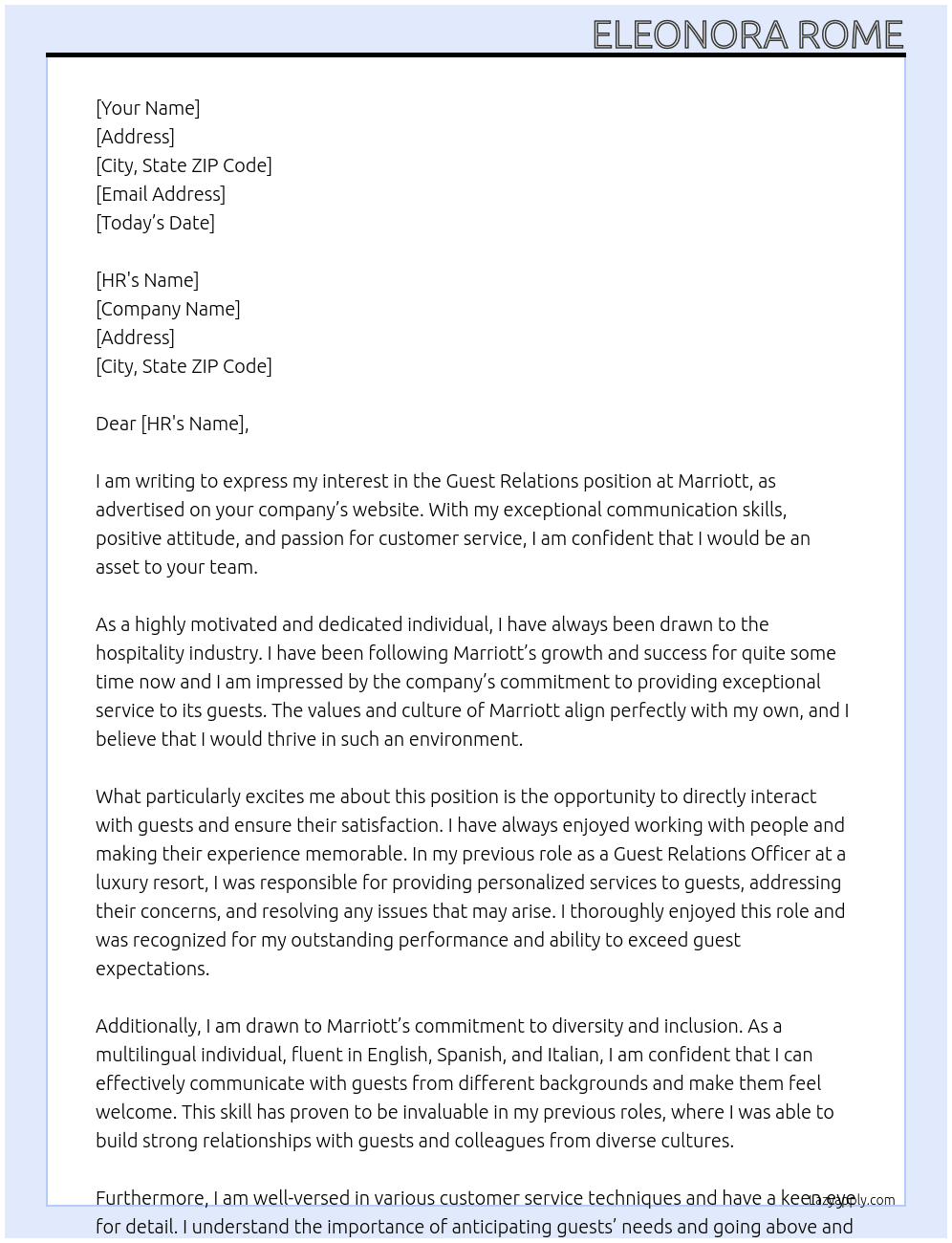 Guest Relations  At Marriott Cover Letter