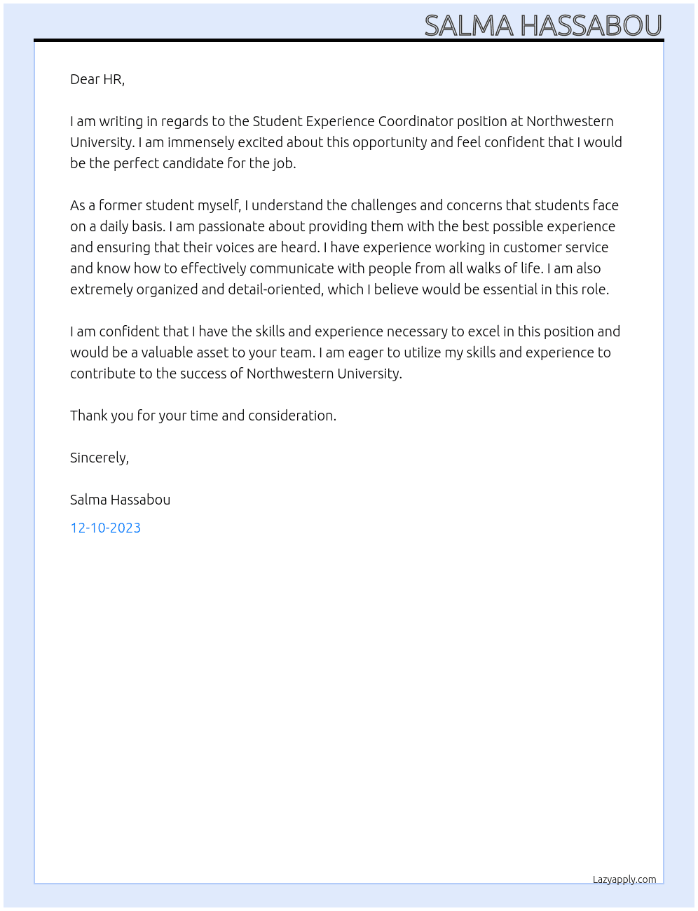 Student Experience Coordinator At Northwestern University  Cover Letter