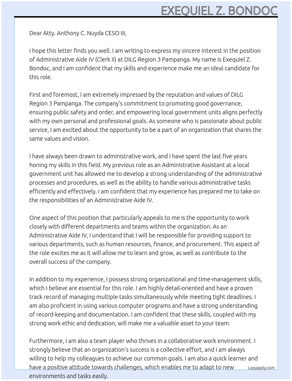 administrative aide iv (clerk ii) At DILG Region 3 Pampanga Cover Letter