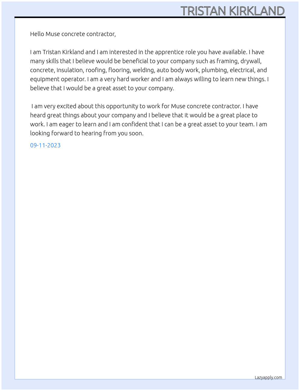 Apprentice At Muse concrete contractor  Cover Letter