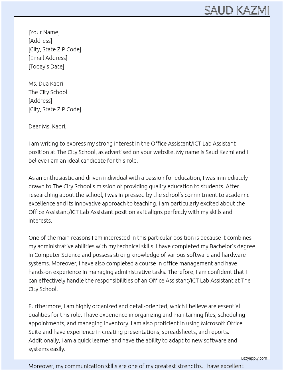 Office Assistant/ICT Lab Assitant At The City School Cover Letter