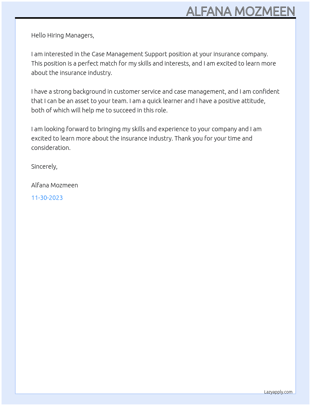 Case management support  At Insurance company  Cover Letter