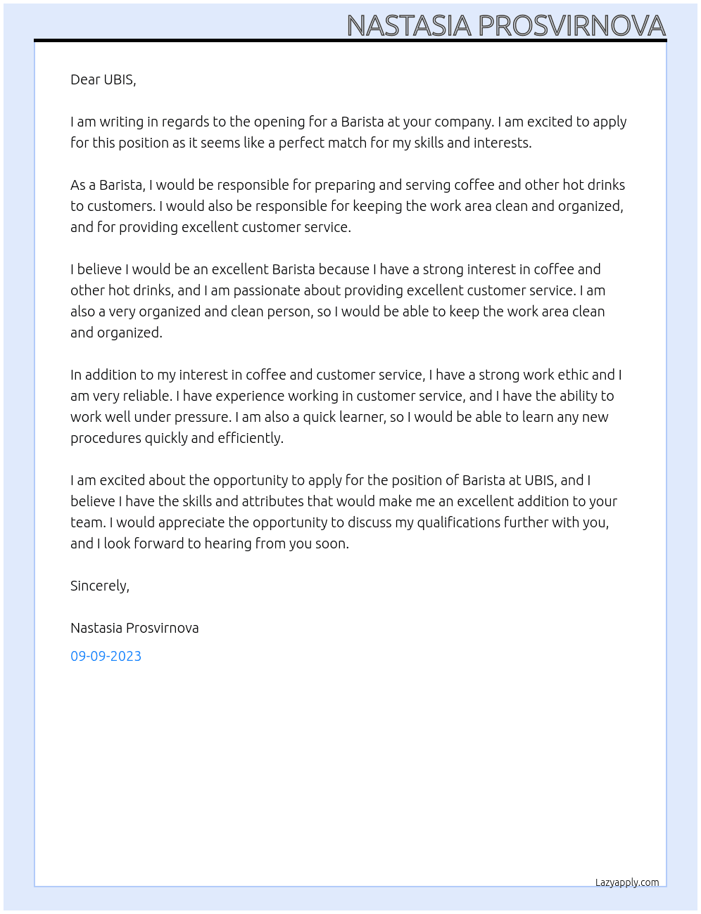 Barista At UBIS Cover Letter
